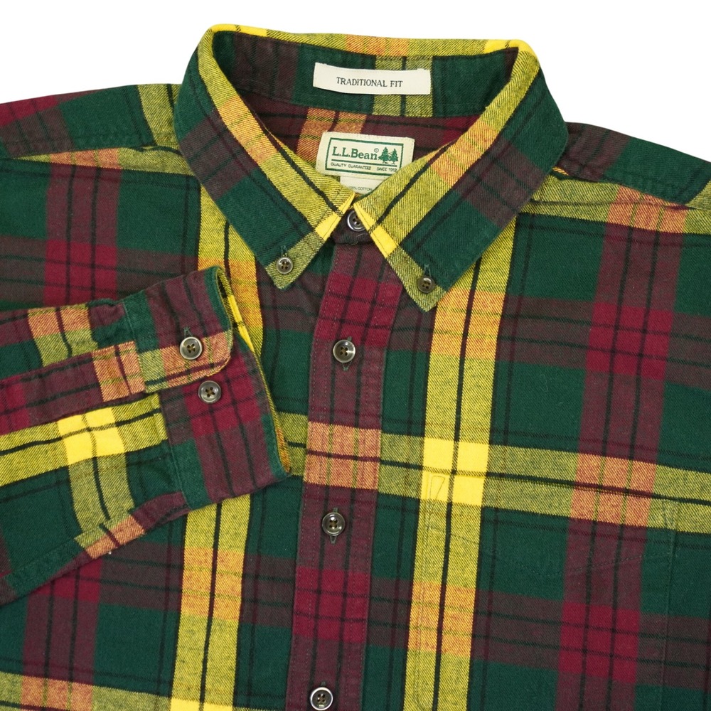 LL Bean Flannel Shirt Mens Medium Green Yellow Plaid Traditional Fit Cotton